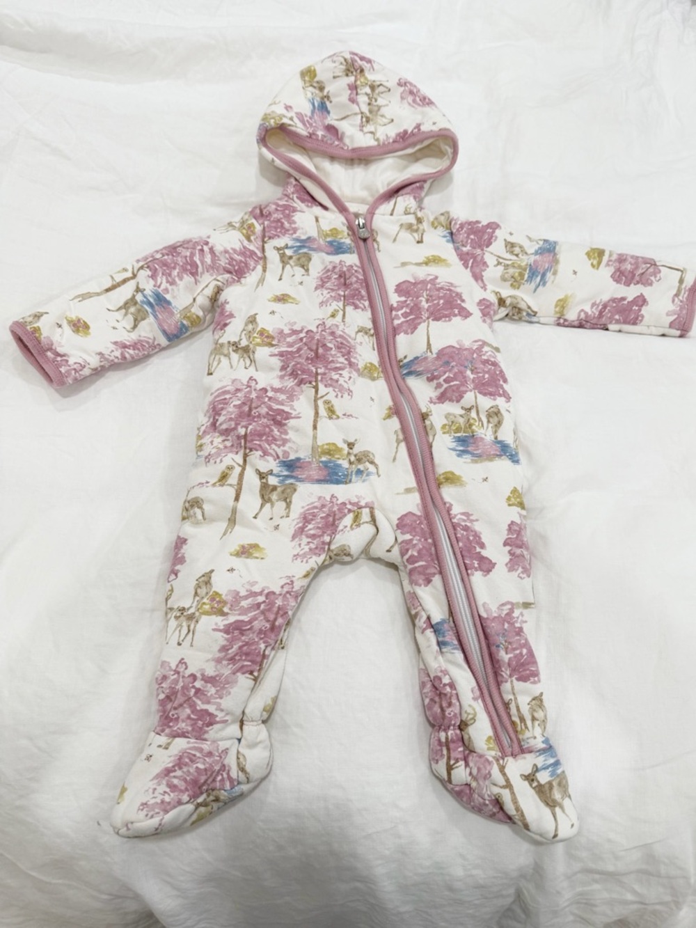Baby Hooded One-Piece in Lavender and White Woodland Print